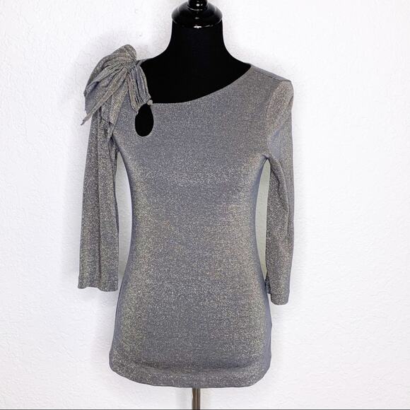 Anthropologie Deletta gray metallic top shoulder cutout and bow size Small - Picture 1 of 11